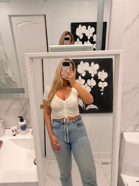 Garage White Ruched Drawstring Crop Top